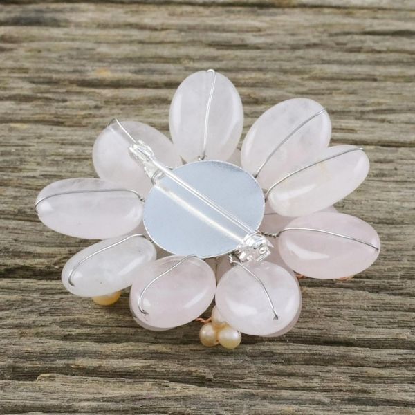 Alternate image for Floral Rose Quartz and Pearl Brooch Pin Pink Azalea
