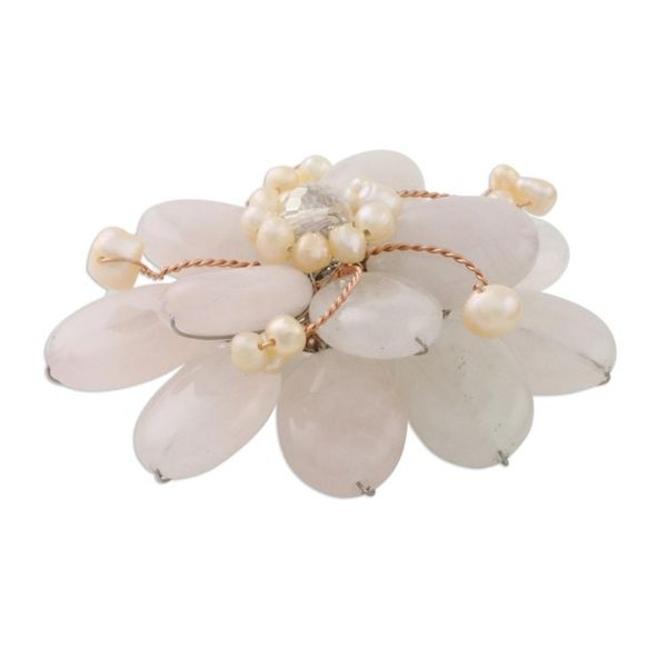 Alternate image for Floral Rose Quartz and Pearl Brooch Pin Pink Azalea