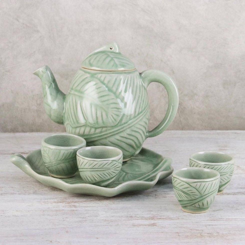 Celadon ceramic tea set Set for 4 'Peaceful Islands'