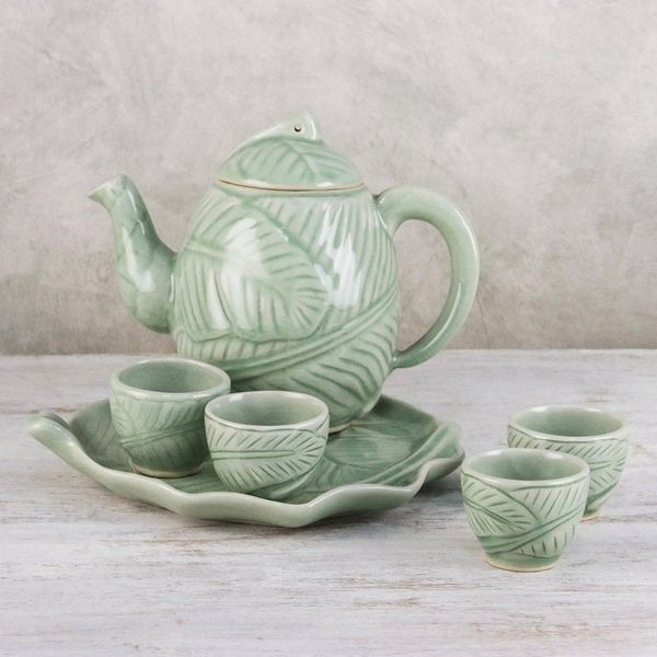Alternate image for Celadon ceramic tea set Set for 4 Peaceful Islands