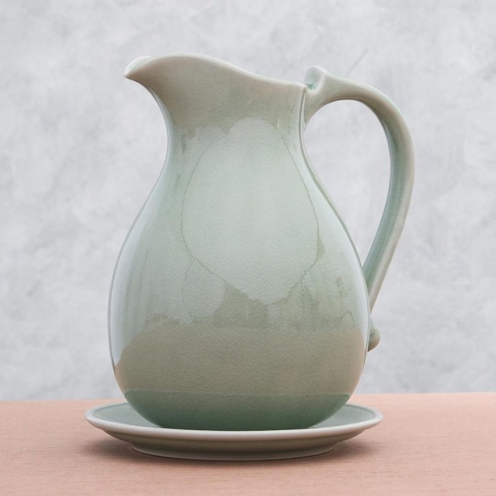 Celadon ceramic pitcher and plate 'Classicism'