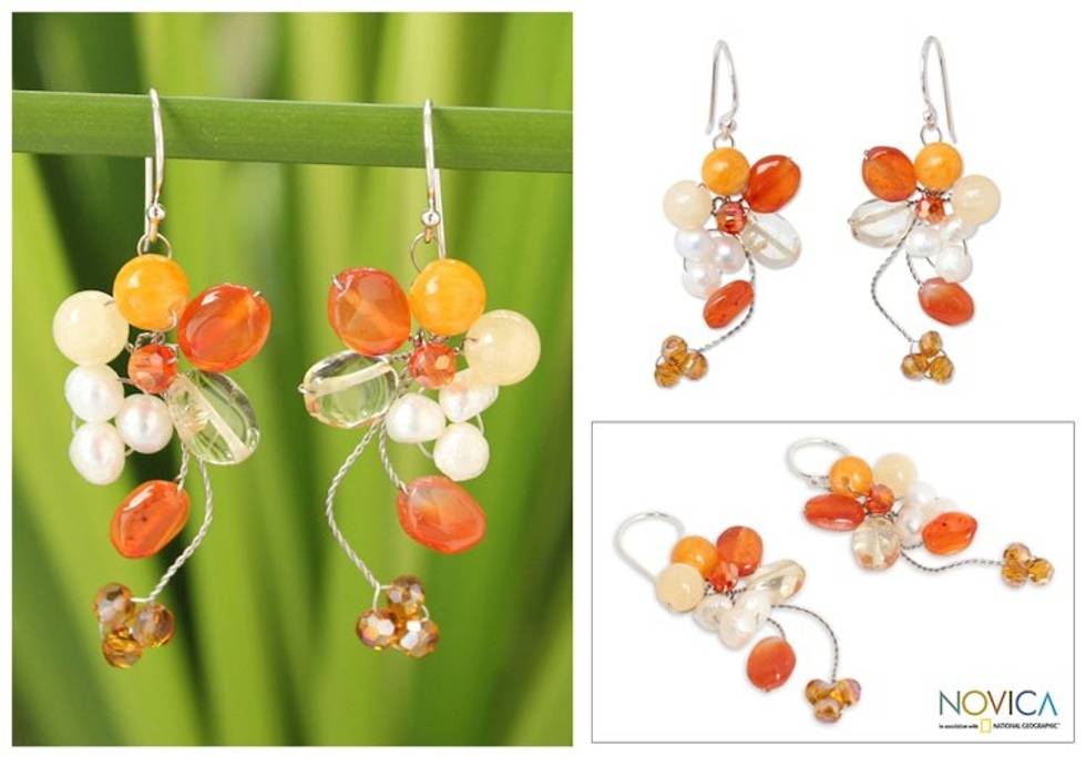 Unique Beaded Carnelian Earrings 'Radiant Bouquet'