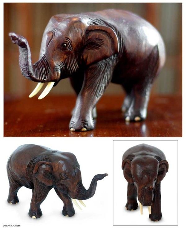 Alternate image for Hand Carved Wood Sculpture Friendly Thai Elephant