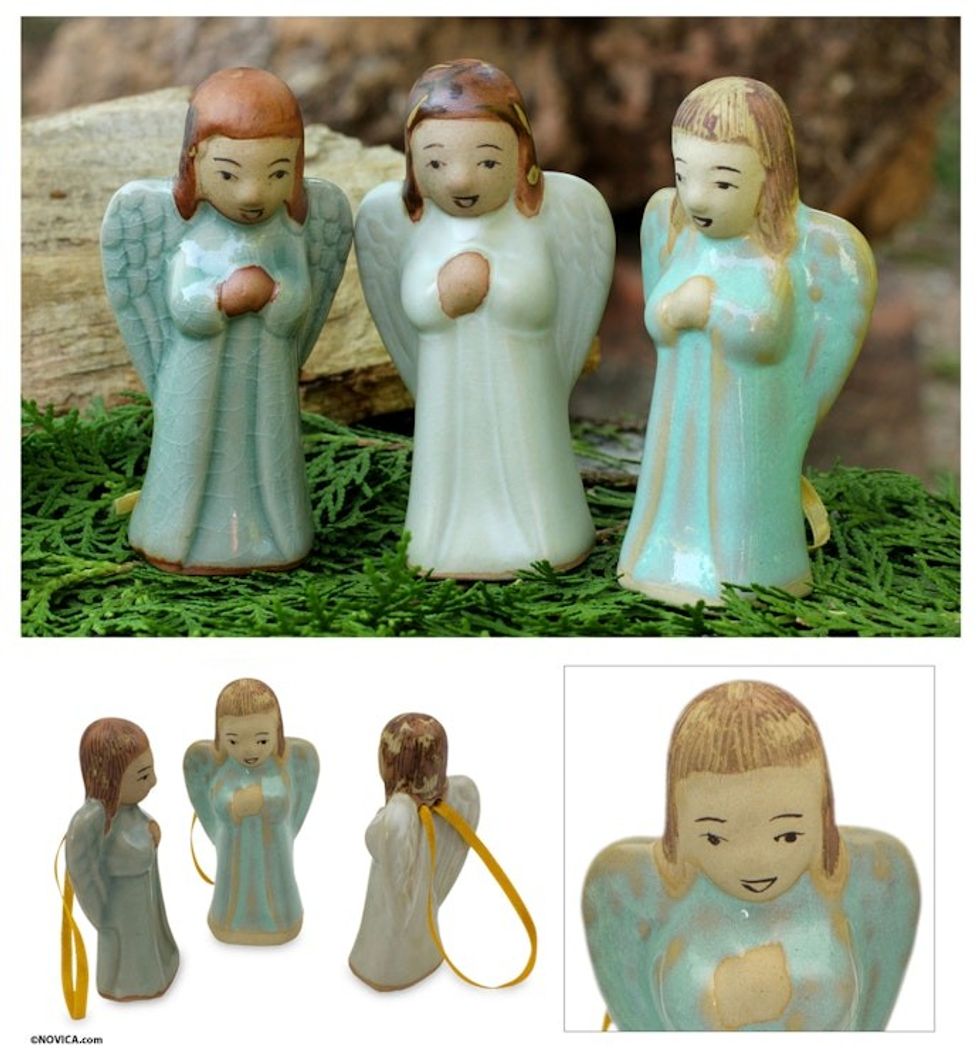 3 Handmade Angel Ornaments in Celadon Ceramic 'Christmas Angel'