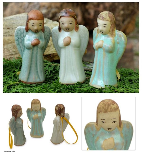 Alternate image for 3 Handmade Angel Ornaments in Celadon Ceramic Christmas Angel