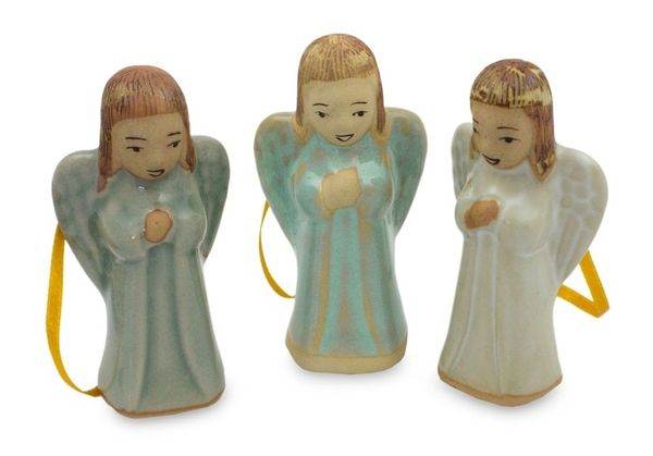 Alternate image for 3 Handmade Angel Ornaments in Celadon Ceramic Christmas Angel
