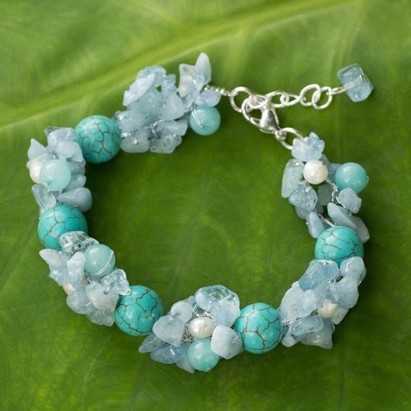 Alternate image for Handmade Pearl Aquamarine Blue Calcite Bracelet Thailand Cool Beauty