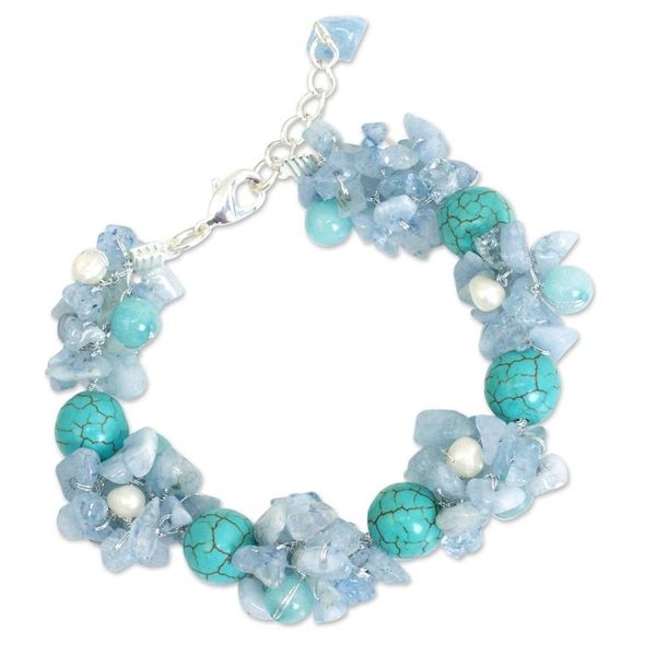 Alternate image for Handmade Pearl Aquamarine Blue Calcite Bracelet Thailand Cool Beauty