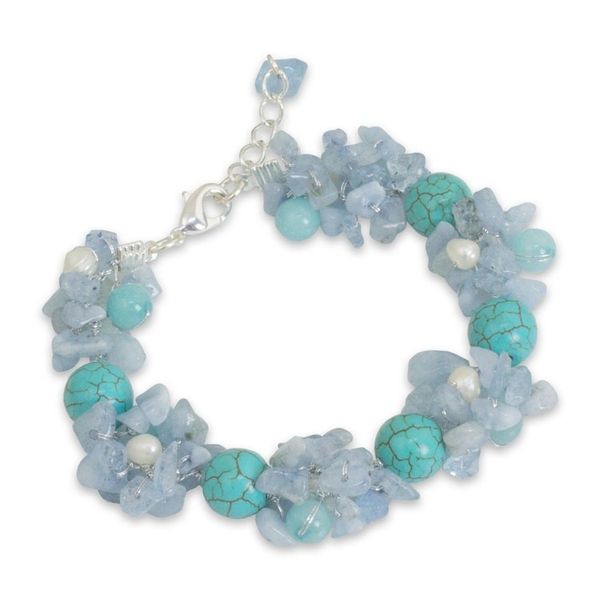 Alternate image for Handmade Pearl Aquamarine Blue Calcite Bracelet Thailand Cool Beauty