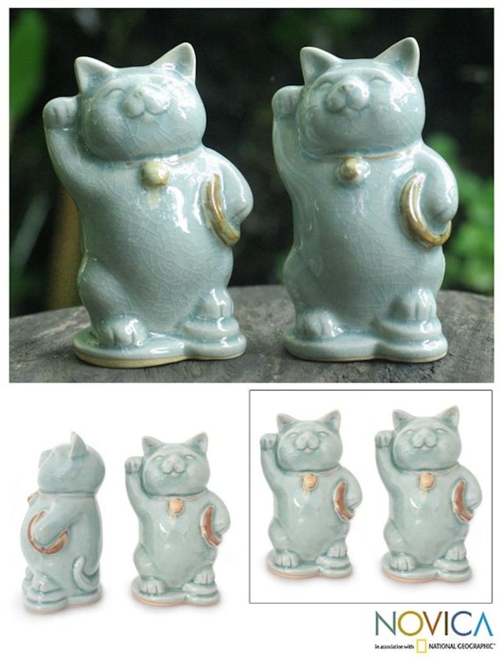 Celadon Ceramic Sculptures Pair 'Charming Good Luck Cats'