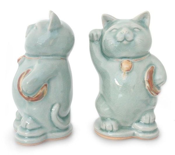 Alternate image for Celadon Ceramic Sculptures Pair Charming Good Luck Cats