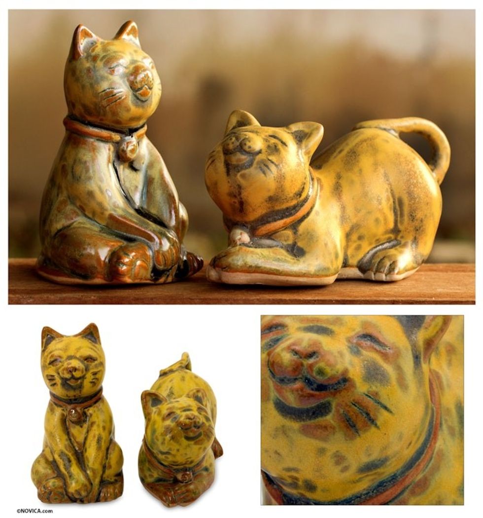 Handcrafted Ceramic Cat Statuettes from Thailand pair 'Yellow Feline Sisters'