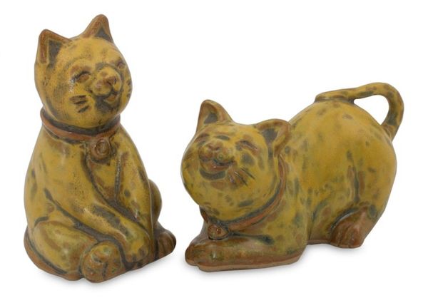 Alternate image for Handcrafted Ceramic Cat Statuettes from Thailand pair Yellow Feline Sisters
