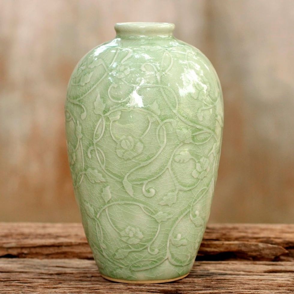 Fair Trade Green Celadon Ceramic Vase 'Wildflower'