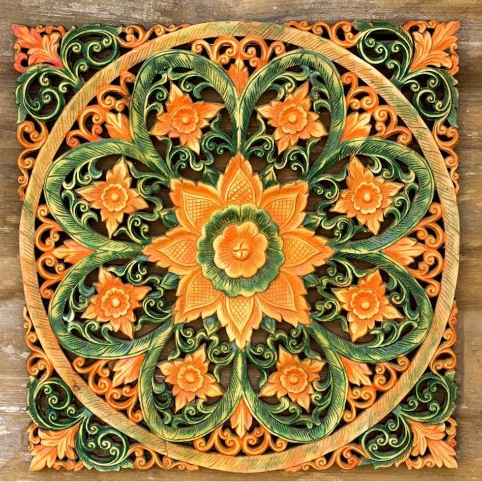 Teak relief panel 'Florid Magic'