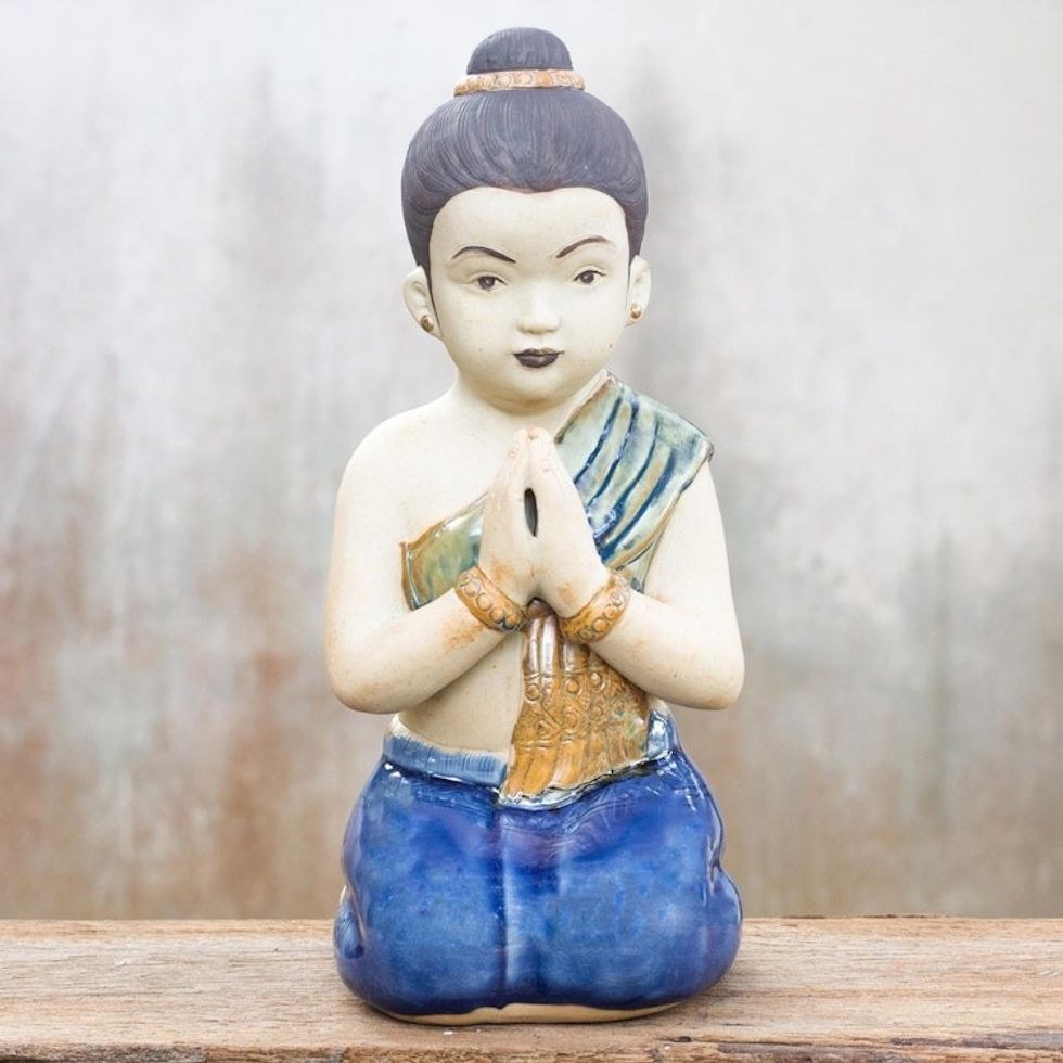 Unique Celadon Ceramic Sculpture 'Thai Sawasdee Girl'