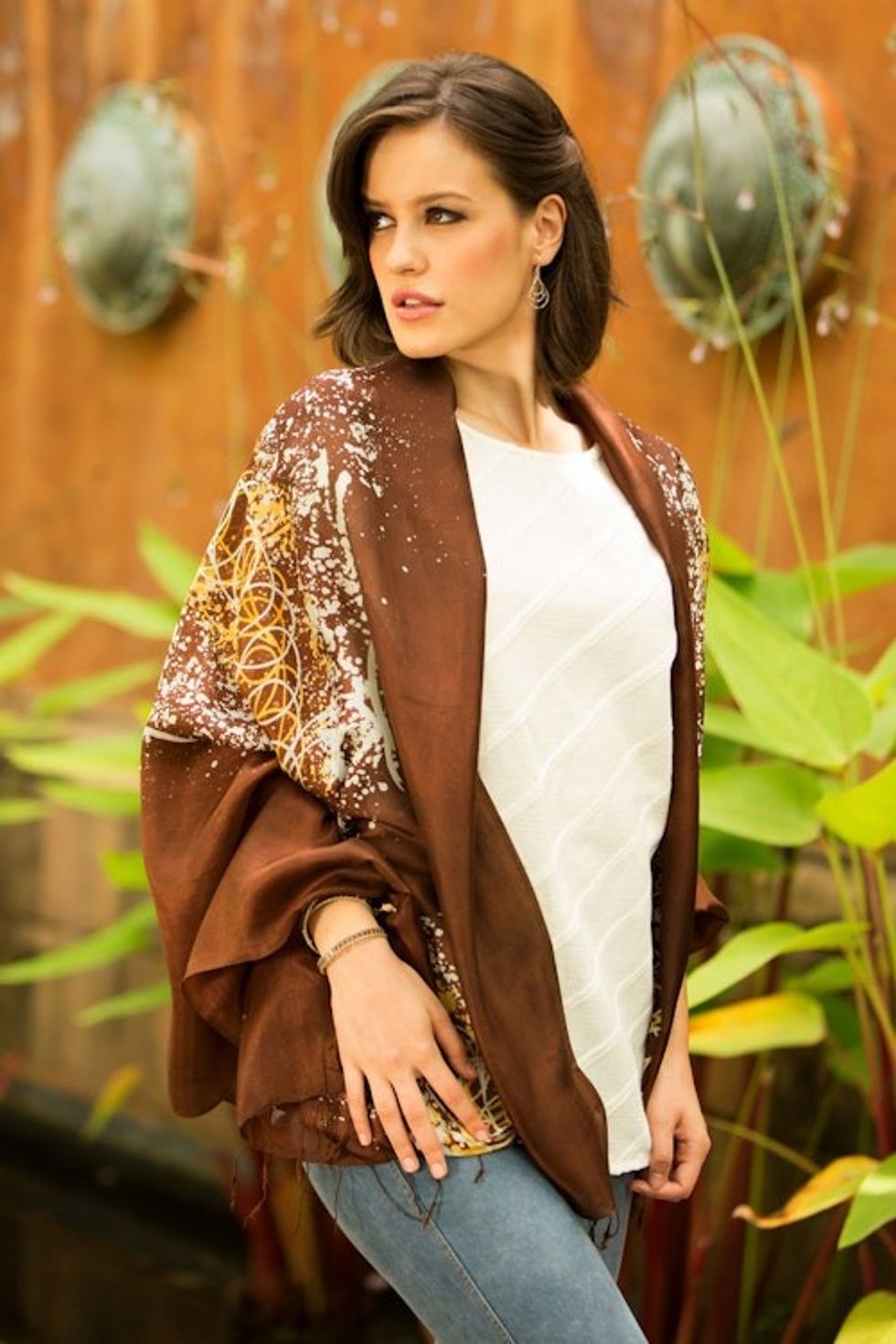 Silk Batik Shawl in Brown and Yellow from Thailand 'Fireworks on Brown'