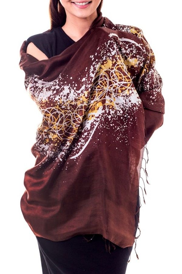 Alternate image for Silk Batik Shawl in Brown and Yellow from Thailand Fireworks on Brown