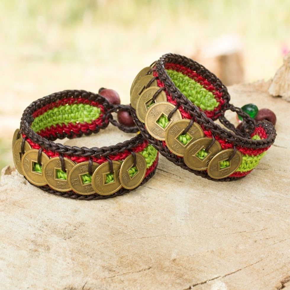 Hand Crafted Good Fortune Wristband Bracelets Pair 'Coins of Harmony'