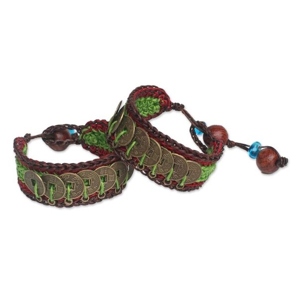 Alternate image for Hand Crafted Good Fortune Wristband Bracelets Pair Coins of Harmony