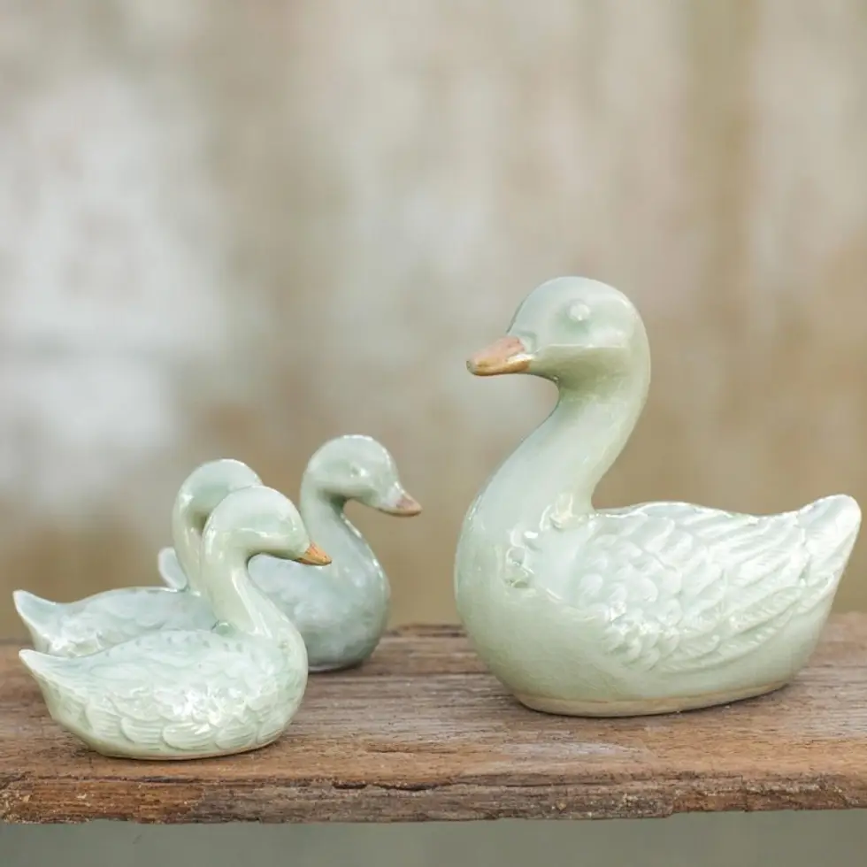 Celadon Ceramic Figurines Set of 4 'Chiang Rai Ducklings'