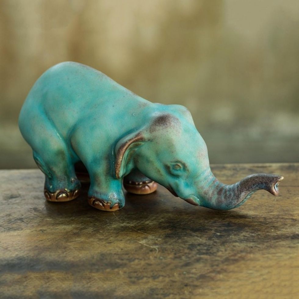 Artisan Crafted Ceramic Statuette 'Turquoise Elephant Sawasdee'