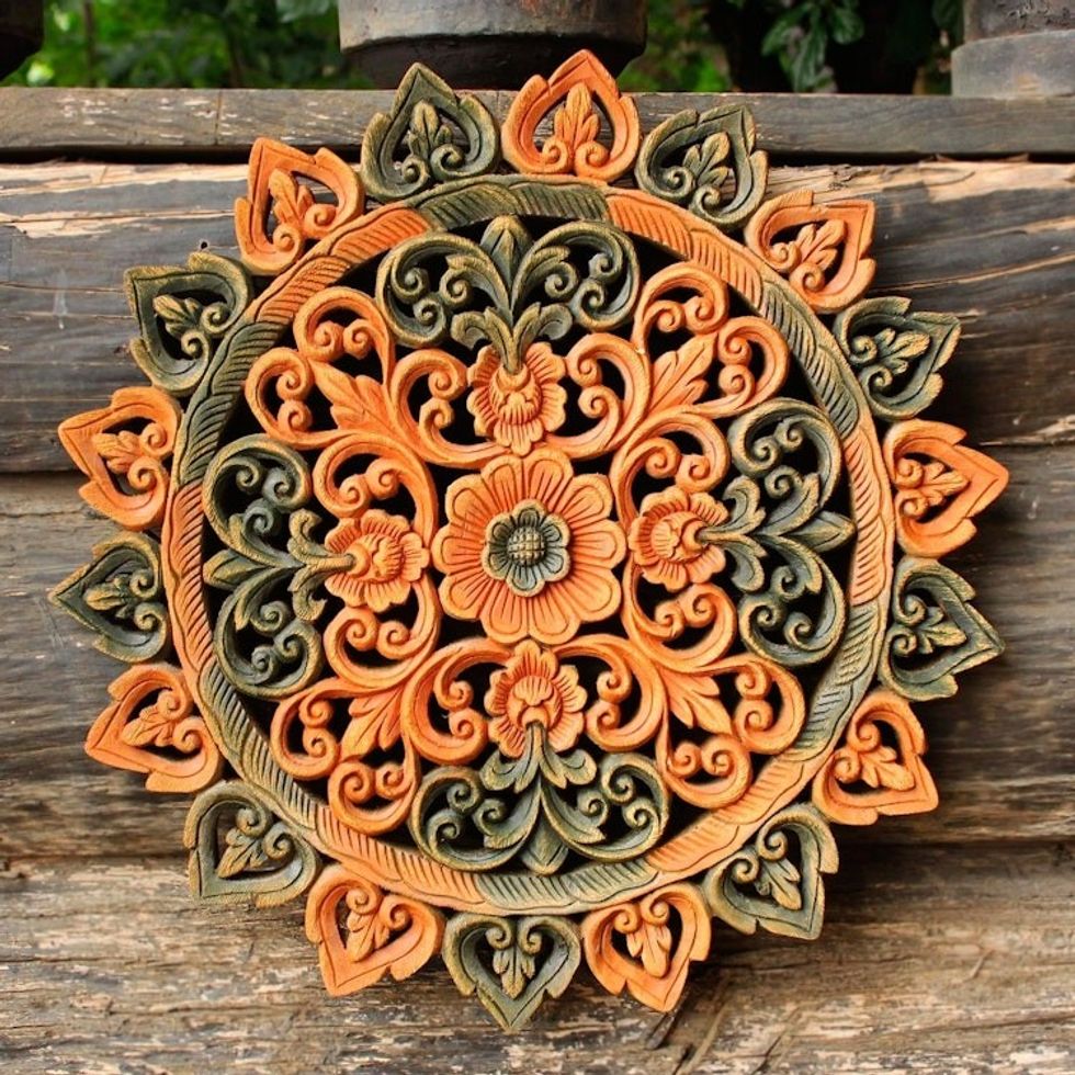 Teak relief panel 'Illuminated Circle'