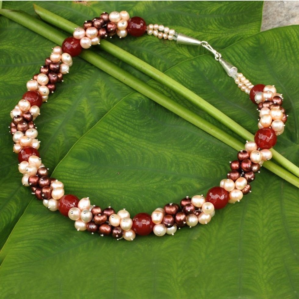 Brown and Peach Pearls with Orange Chalcedony Necklace 'Divine Feminine'