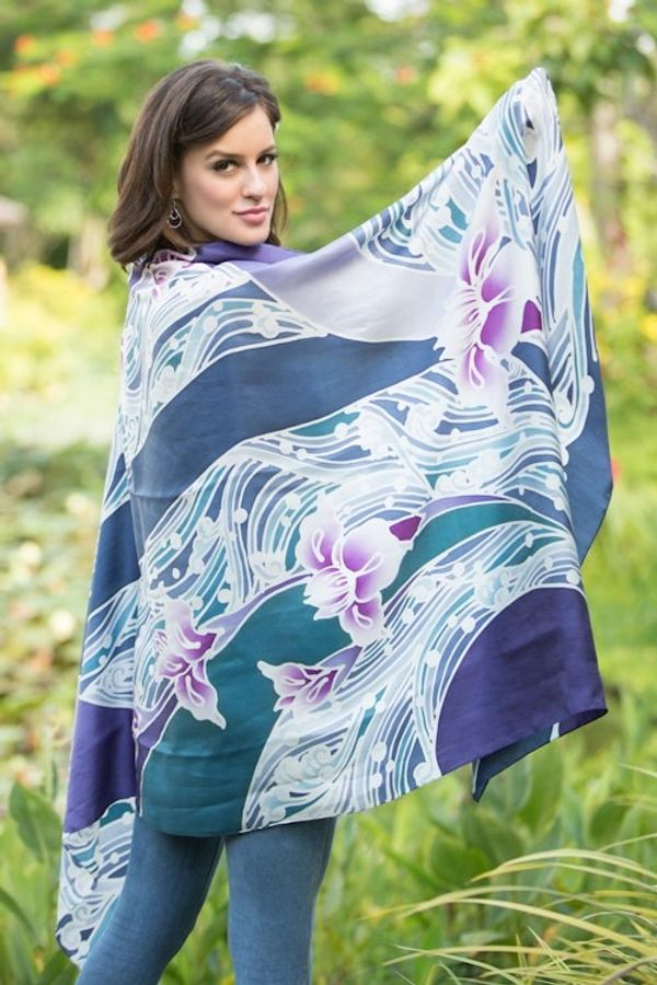Alternate image for Silk Batik Shawl from Thailand Blue Lotus Lake