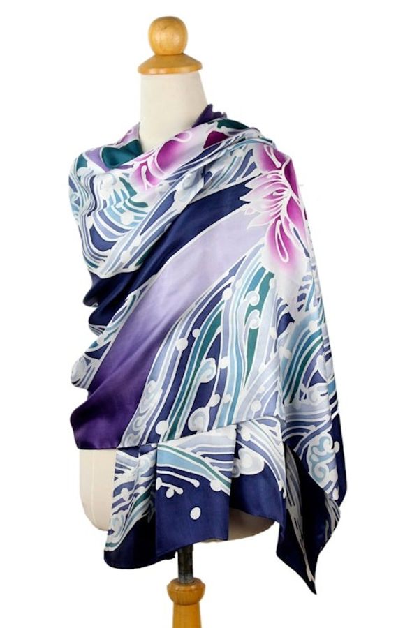 Alternate image for Silk Batik Shawl from Thailand Blue Lotus Lake
