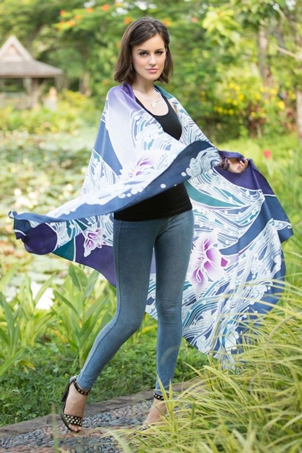 Alternate image for Silk Batik Shawl from Thailand Blue Lotus Lake