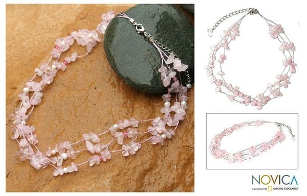 Alternate image for Rose Quartz and Pearl Beaded Necklace Natural Spectacular