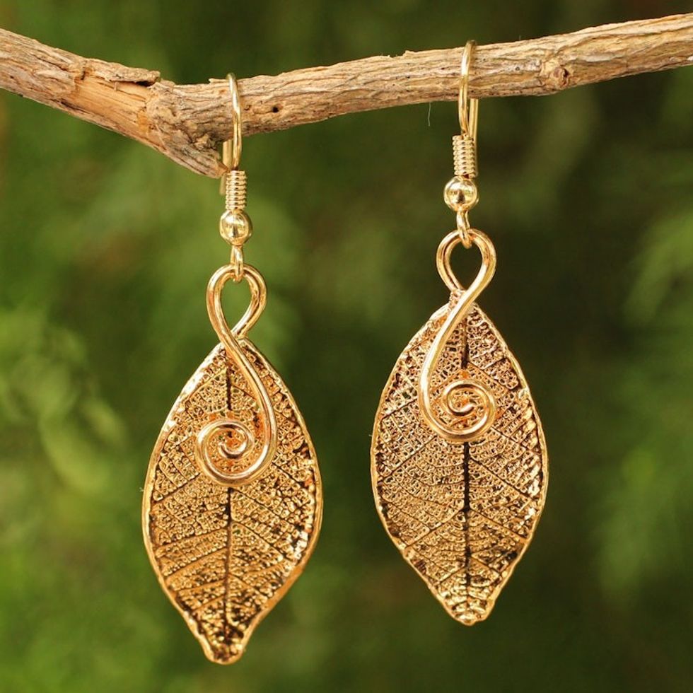 Artisan Crafted Gold Plated Leaf Earrings 'Forest Duet'