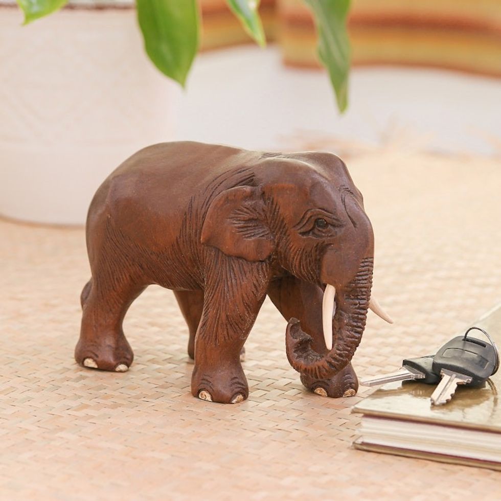 Hand Carved Teak Wood Sculpture 'Elephant Trek'