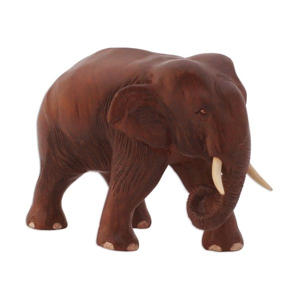 Alternate image for Hand Carved Teak Wood Sculpture Elephant Trek