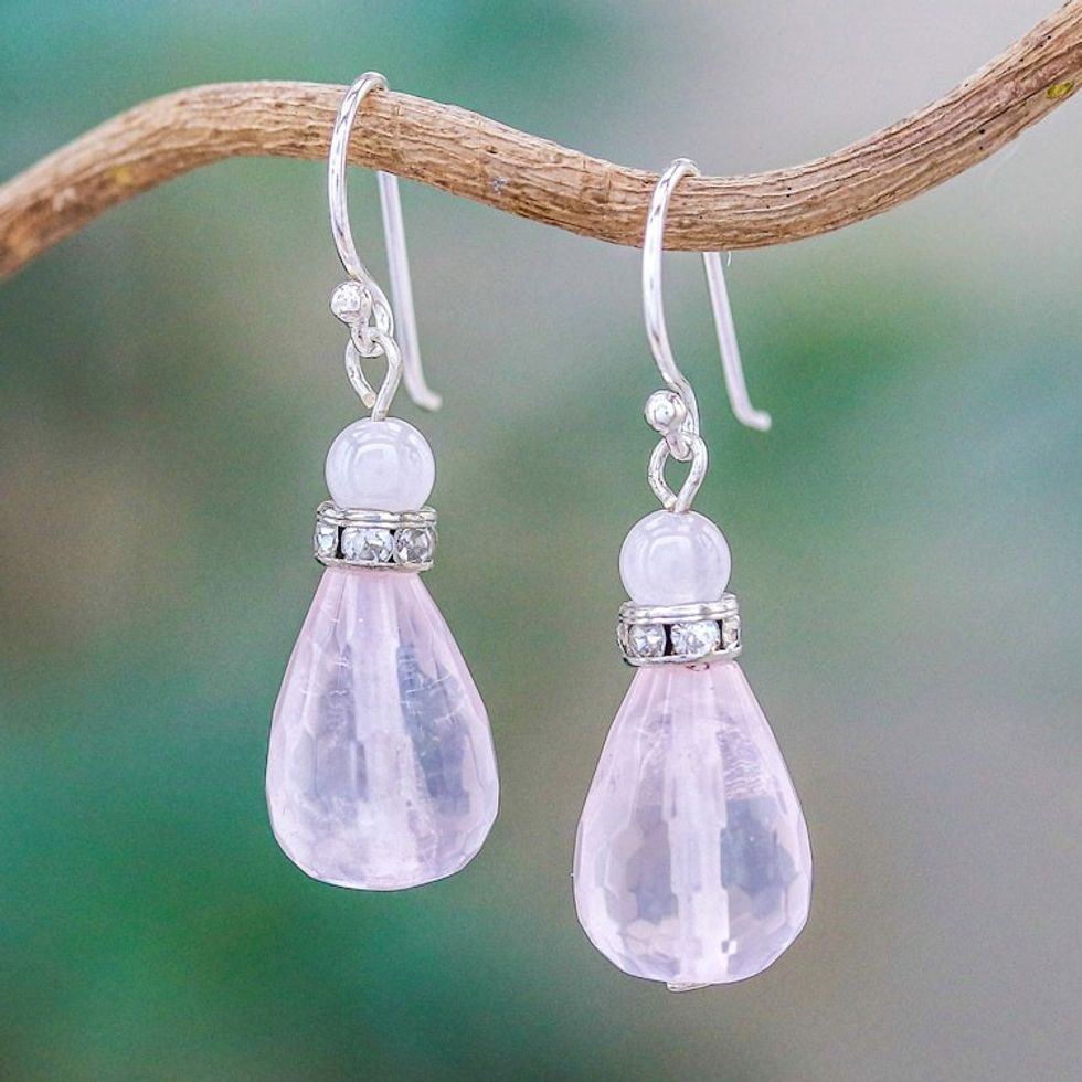 Handcrafted Rose Quartz Dangle Earrings 'Feminine Pink'