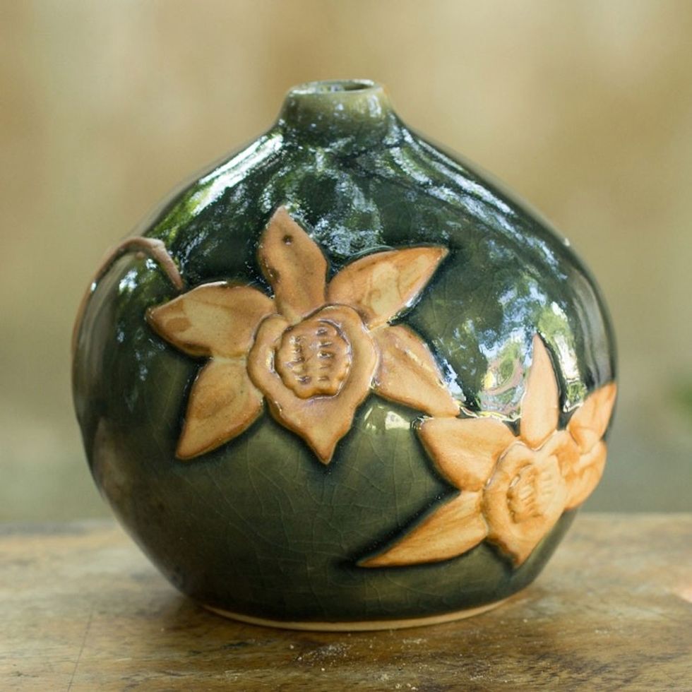 Artisan Crafted Watertight Ceramic Vase from Thailand 'Orchid Splendor'