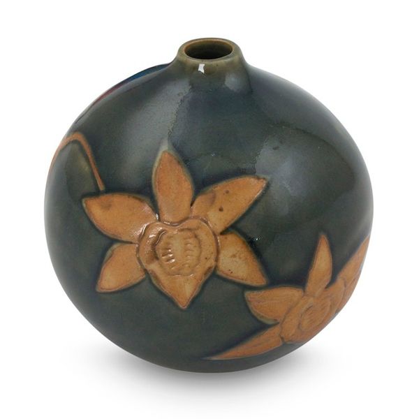 Alternate image for Artisan Crafted Watertight Ceramic Vase from Thailand Orchid Splendor
