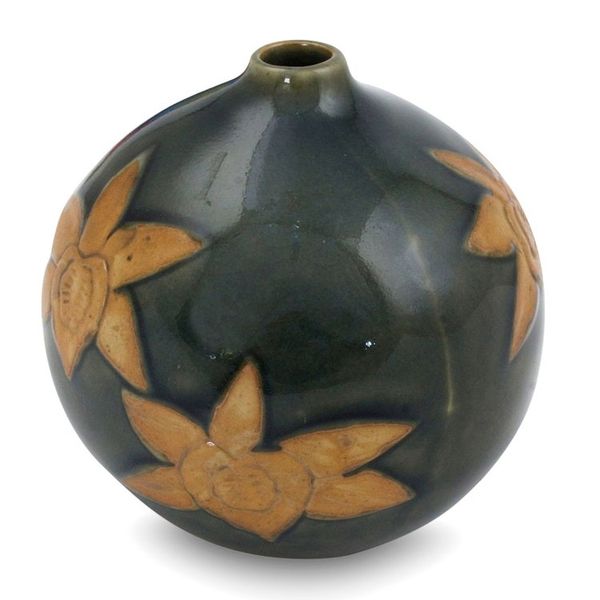 Alternate image for Artisan Crafted Watertight Ceramic Vase from Thailand Orchid Splendor