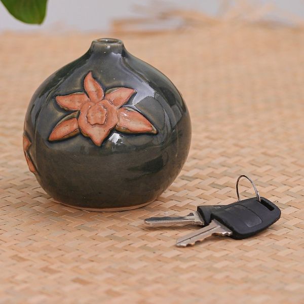 Alternate image for Artisan Crafted Watertight Ceramic Vase from Thailand Orchid Splendor