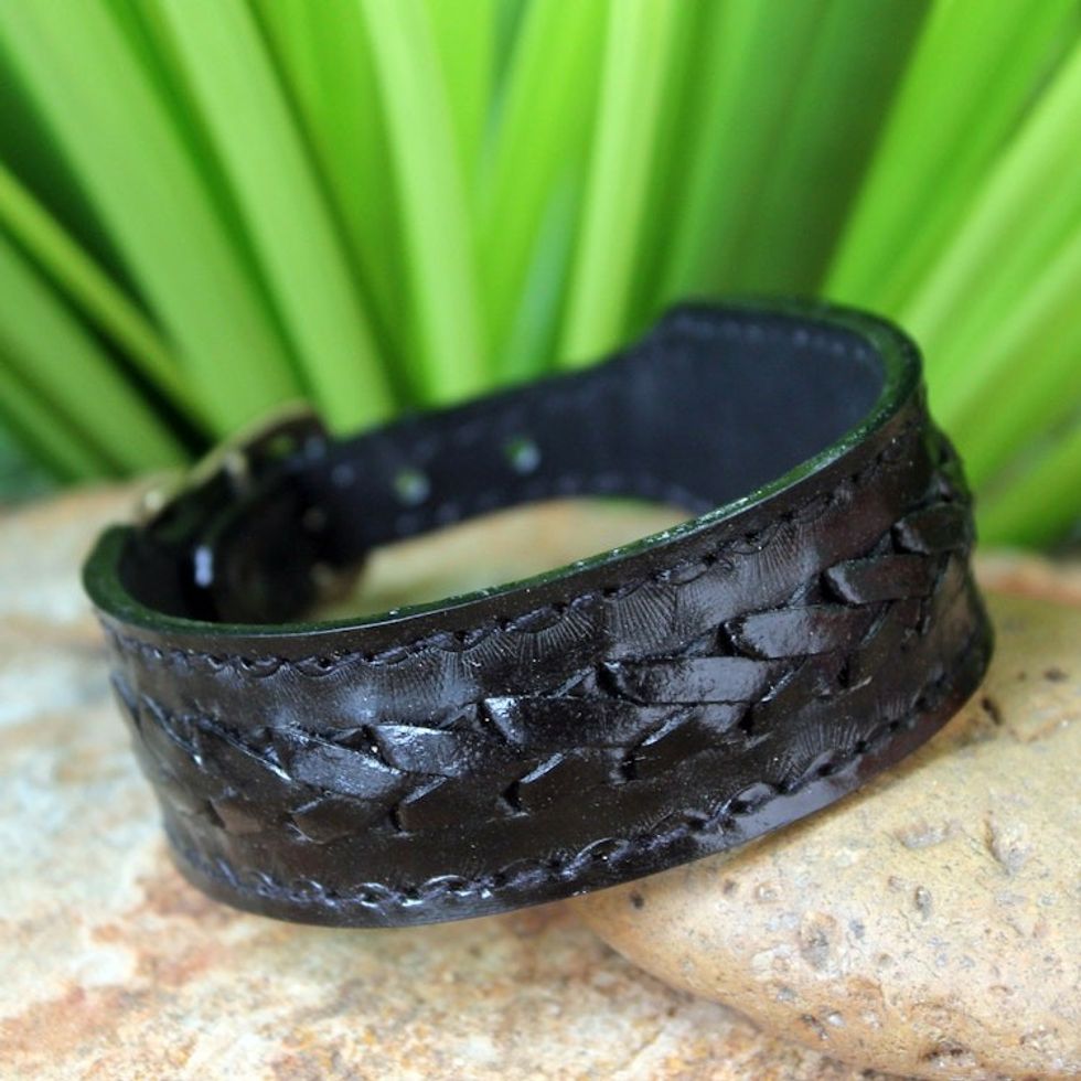 Men's Leather Wristband Bracelet from Thailand 'Thai Night'