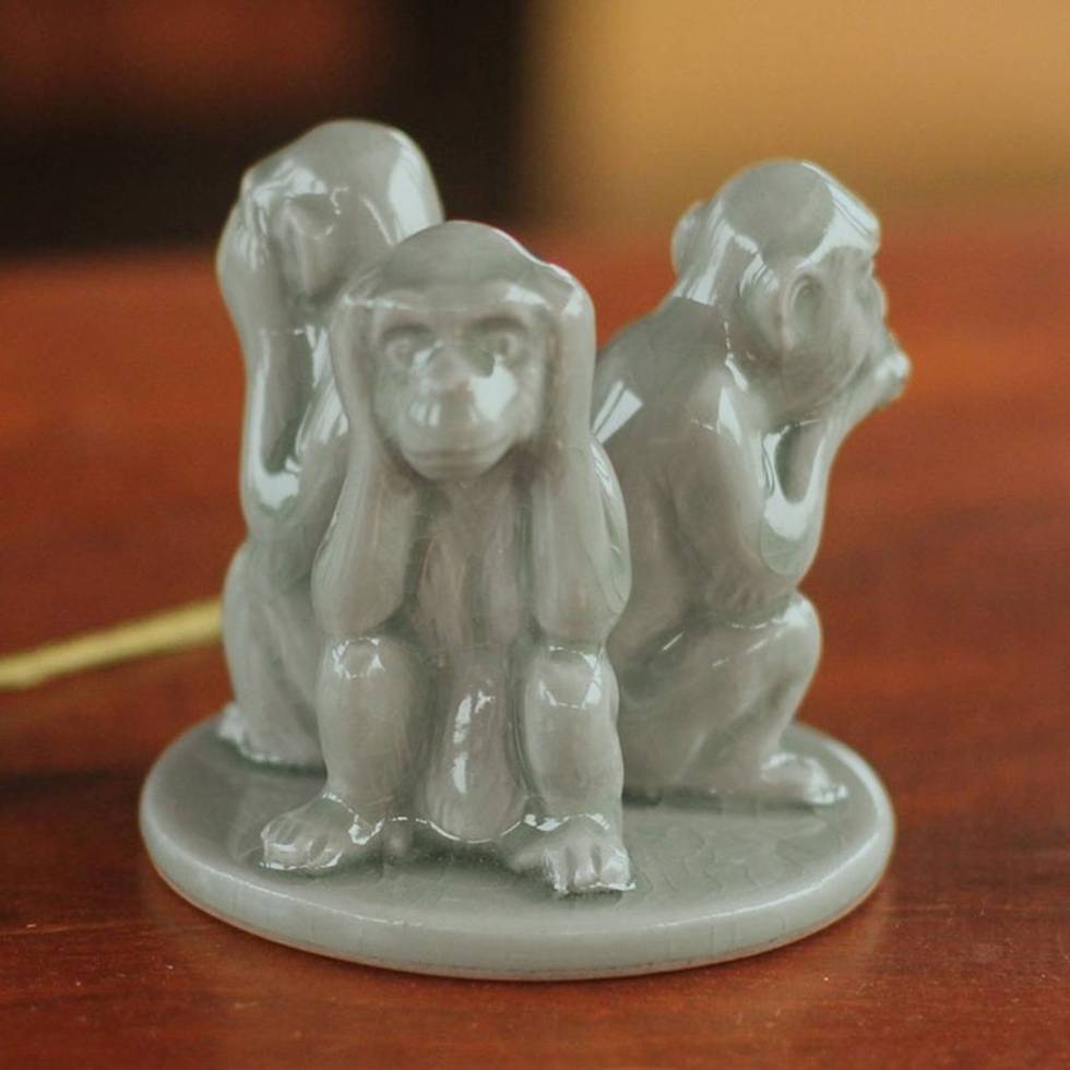 Artisan Crafted Ceramic Monkey Sculpture 'Green Monkeys Shun Evil'
