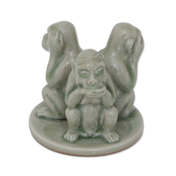 Alternate image for Artisan Crafted Ceramic Monkey Sculpture Green Monkeys Shun Evil