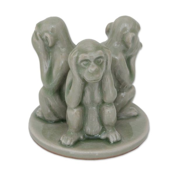 Alternate image for Artisan Crafted Ceramic Monkey Sculpture Green Monkeys Shun Evil