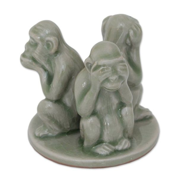 Alternate image for Artisan Crafted Ceramic Monkey Sculpture Green Monkeys Shun Evil