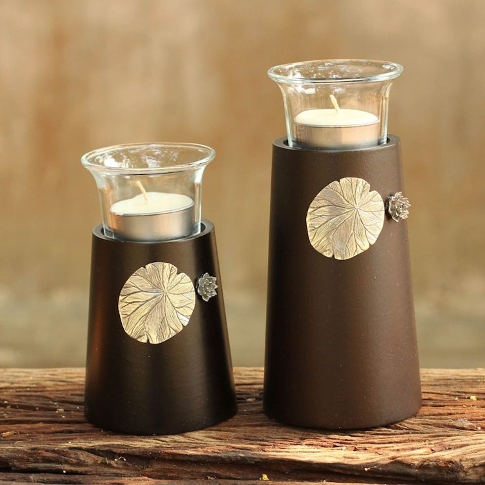 Wood and pewter candleholders Pair 'Lotus Light'