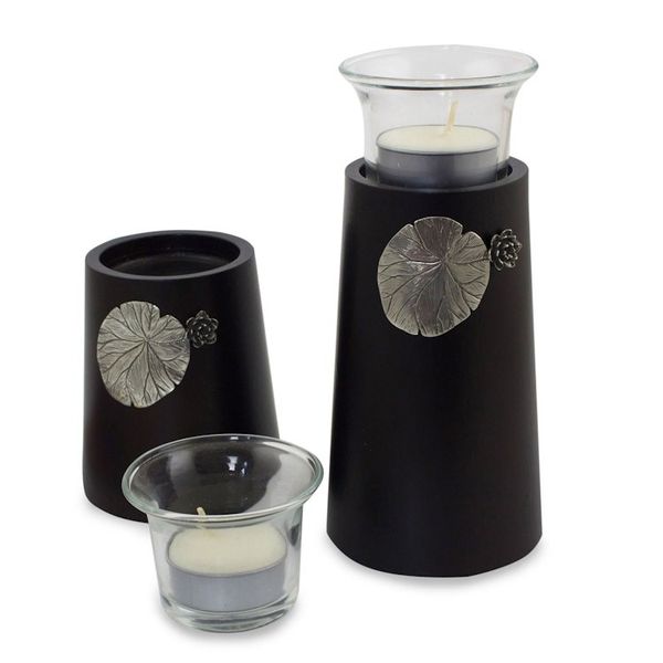 Alternate image for Wood and pewter candleholders Pair Lotus Light