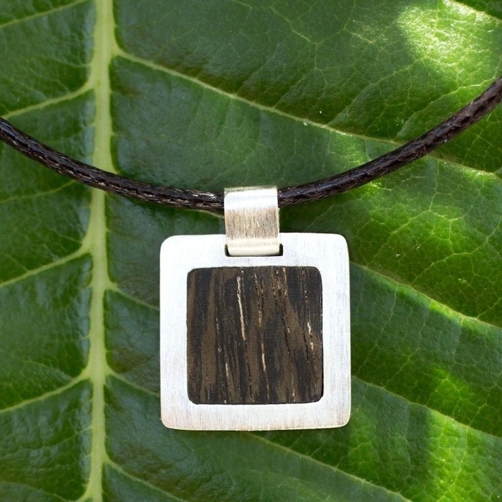 Men's sterling silver and wood pendant necklace 'Forest'