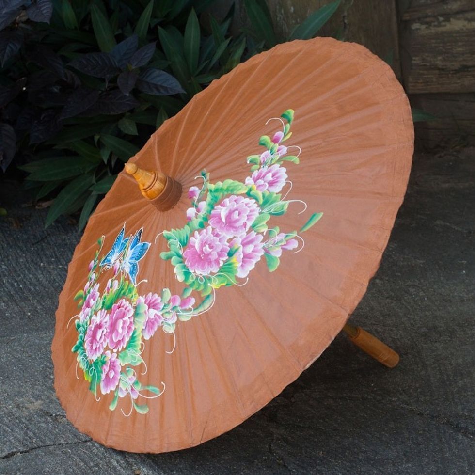 Hand-painted Cotton and Bamboo Parasol 'Blossoming Lanna in Brown'