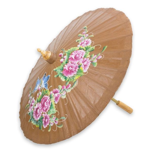 Alternate image for Hand-painted Cotton and Bamboo Parasol Blossoming Lanna in Brown